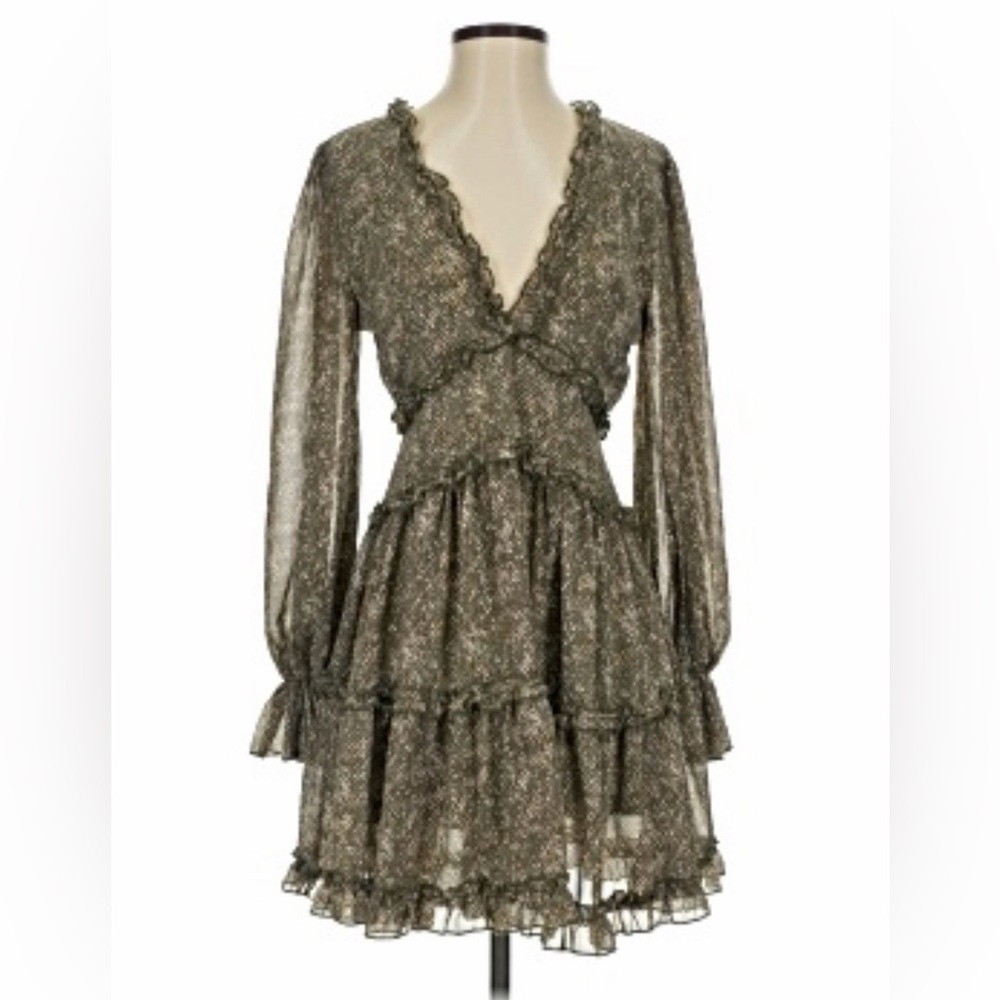 Long Sleeve Tiered Ruffle V-Neck Dress in Olive Green